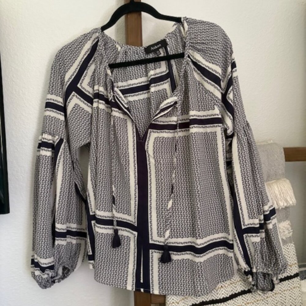 Navy and White Blouse with Billowing Sleeves